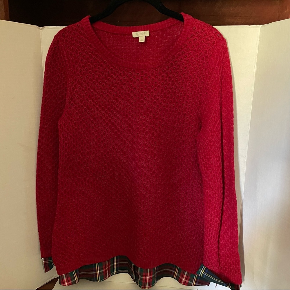 Talbots Women's Vibrant Red Crew Neck Sweater with plaid cuff and hem, Petite S